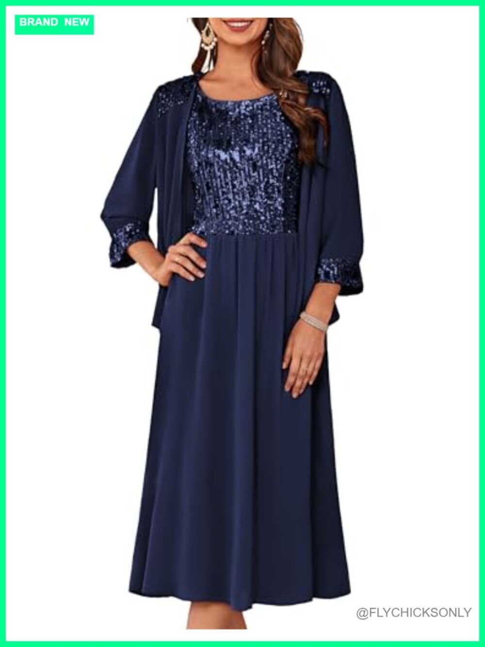 Formal Wedding Guest Dress Sequin Mother of the Bride Tea Length Two Piece with